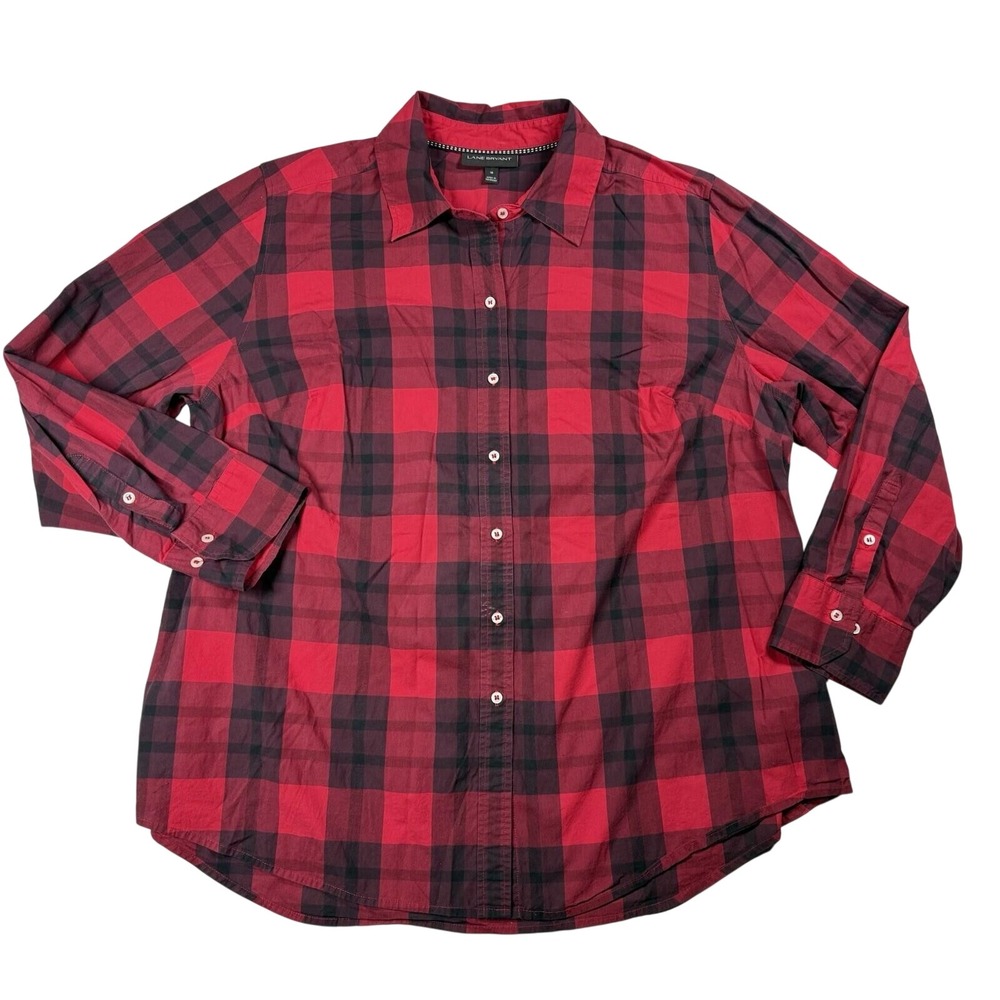 Lane‎ Bryant Long Sleeve Flannel Button Up 18 Red Plaid Boyfriend Grunge Fall